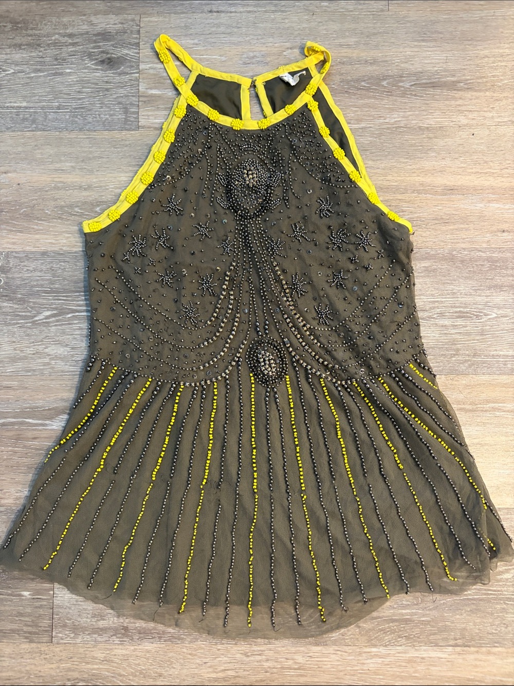 Willow & Clay Olive Halter Top with Yellow Trim and Black Beading